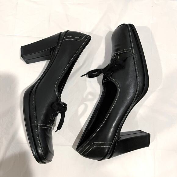 Vintage 90s Lace Up Oxford Size 8.5 Black Leather Square Toe Heels VS Macbeth - Picture 5 of 15